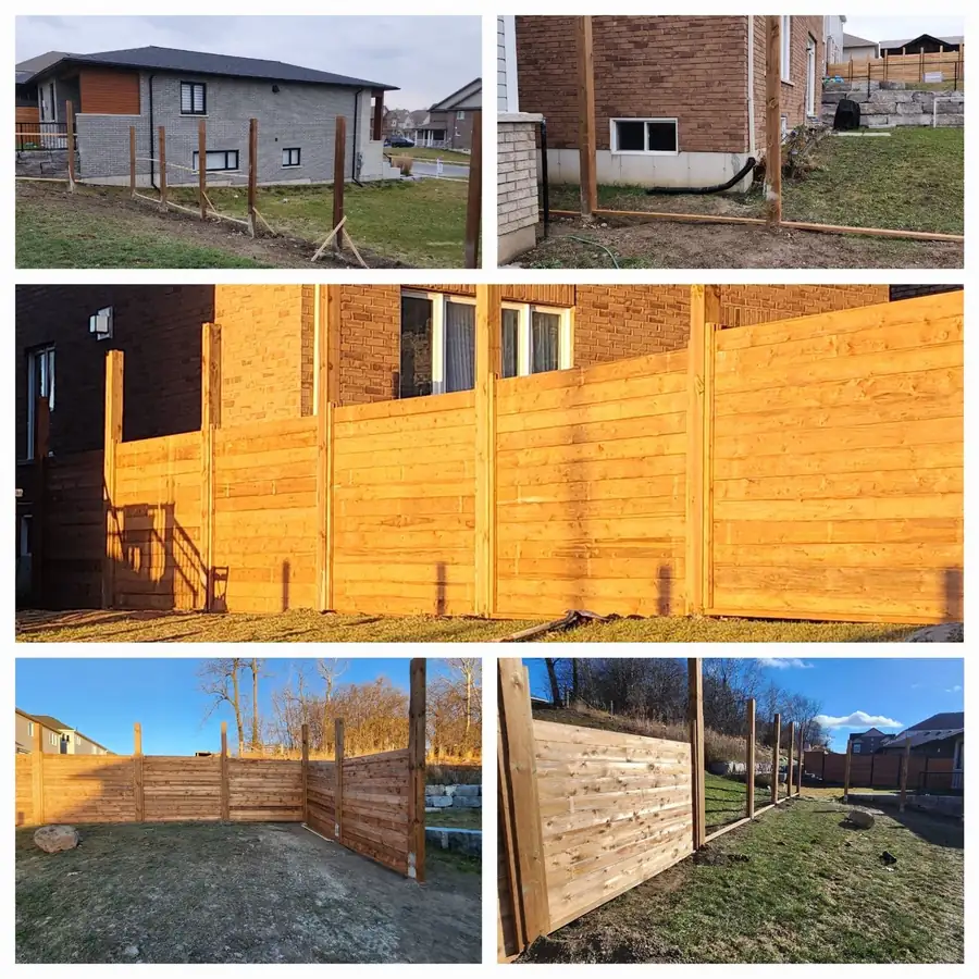 New horizontal wood privacy fence built around a backyard