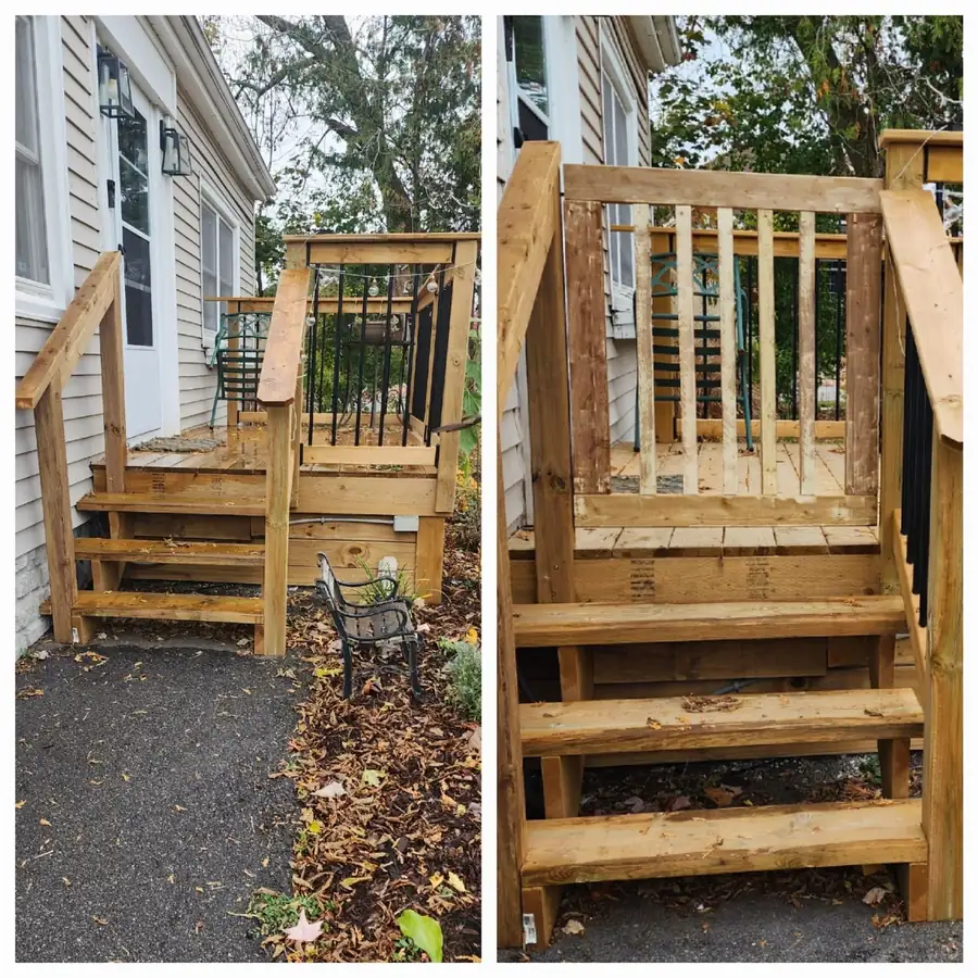 New pressure-treated wood stairs and railing at a side entrance