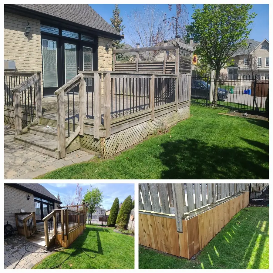 Raised wooden deck with railings and lattice skirting
